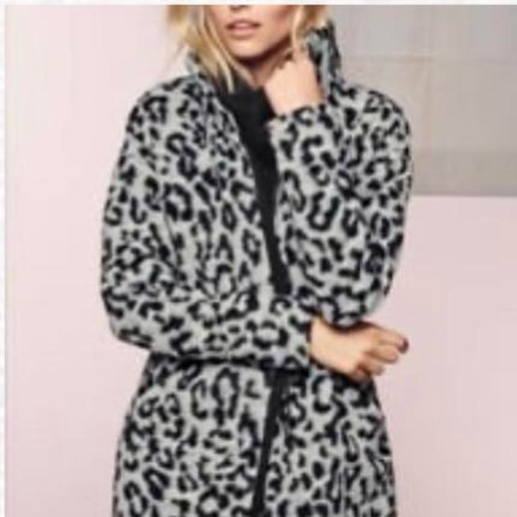 NEXT Grey Leopard Print Wool Coat with Funnel Neck - Picture 1 of 12